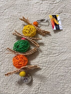 Bird Toy Hanging Chew Ladder with Yellow, Green & Orange Rattan Balls